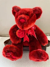 Teddy Bear Valentines Day Deep Red Soft Plush Heart Feet Holding Rose Ribbons