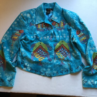 Bala Bala Silk Tie Dye Fish Embellished Art to Wear Jacket Sz S A2999