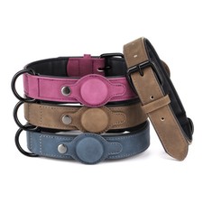 Leather Pet Dog Collar with AirTag Holder Case, Soft Padded Air Tag Anti-Lost