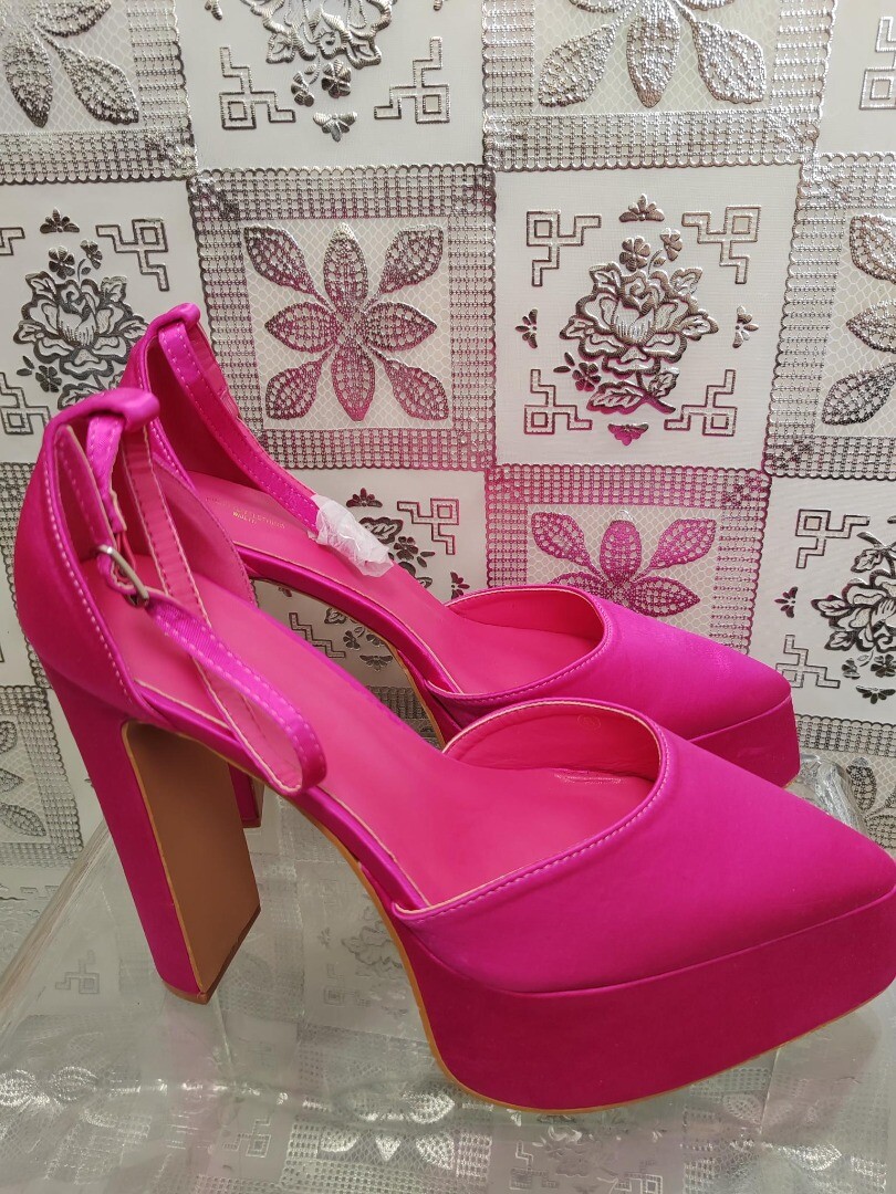 PRETTYLITTLETHING Pink Platform Satin Heels Wide Fit UK 8 BNWOB CG