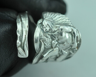 Solid 925 Sterling Silver American Chief Warrior Adjustable Spoon Ring