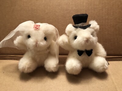 Russ Berrie Teddy Bear. Bride And Groom. Wedding White Mini Top Hat And Vail