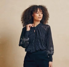 LA Fuori Carey Embroidered Black Blouson - 100% Silk - Women's Size Small