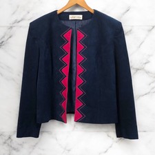Vintage Lilly Ann Retro 80s Navy Hot Pink Micro Suede Boxy Jacket