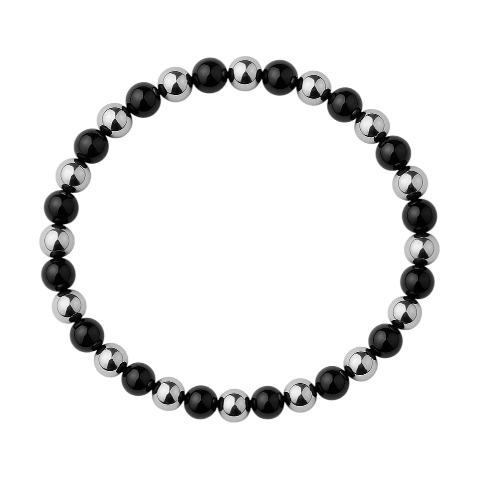 Bracciale con perle Nero 6mm Acciaio inox argento braccialetto Elastico da Uomo - Immagine 2 di 4