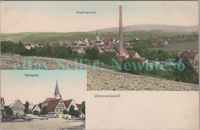 Unterweissach Germany - GESAMTANSICHT & MARKTPLATZ - Hand Colored Postcard AK