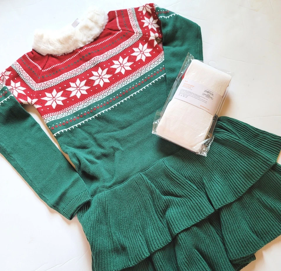 Vestido Suéter Gymboree 6 Holiday Copo de Nieve Verde Isla Justa Medias Metálicas Nuevo con Etiquetas Foto 2 de 4
