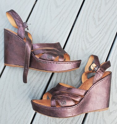 Born Metallic Brown Bronze Genuine Leather Slingback High Wedge Sandals Sz 9 M/W
