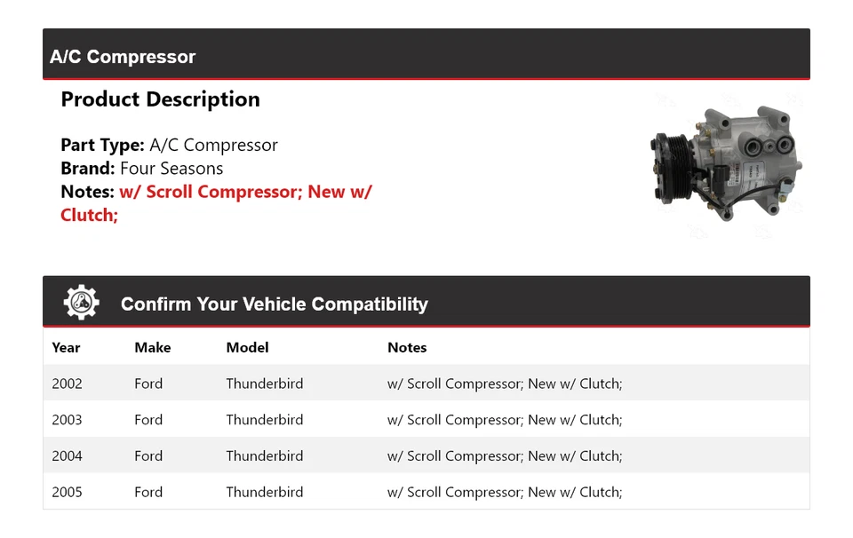 适用于 2002 - 2005 年福特 Thunderbird 空调压缩机 4 季 2003 2004 2004 — 第 2/4 张图片
