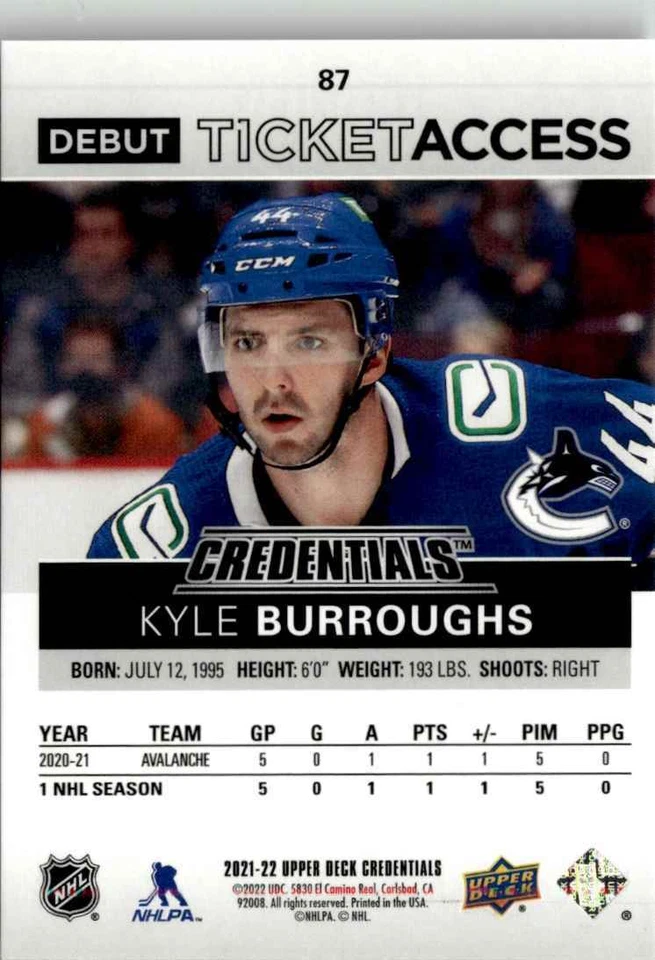 2021-22 Upper deck credentials debut ticket access Kyle Burroughs /999 #87 - Image 2 of 2