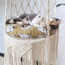 Kitten Boho Macrame Pet Bed Cat Swing Hammock Woven Cotton Hanging Pet Bed White