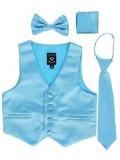 iGirlDress Boys 4 Piece Formal Satin Vest Set Zipper Tie Bowtie Hanky Aqua