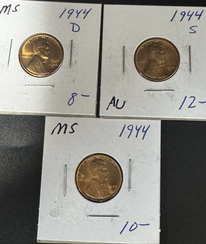 1944 P-D-S Lincoln Wheat Penny Cents Lot Of 3 MS And AU