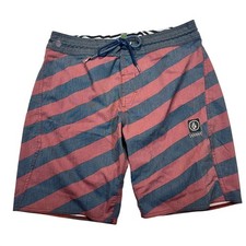 Volcom Stoneys Mens Board Shorts Size 30 Red Blue Striped Swim Trunks Skater