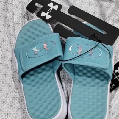 Under Armour Girls Blue/White Slide Sandals Slip On Open Toe Logo US 5Y