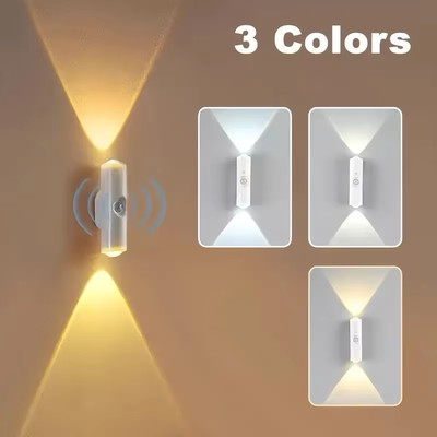 LED Motion Sensor Wall Lamp USB Rechargeable Bedside Night Light for Bedroom Cor