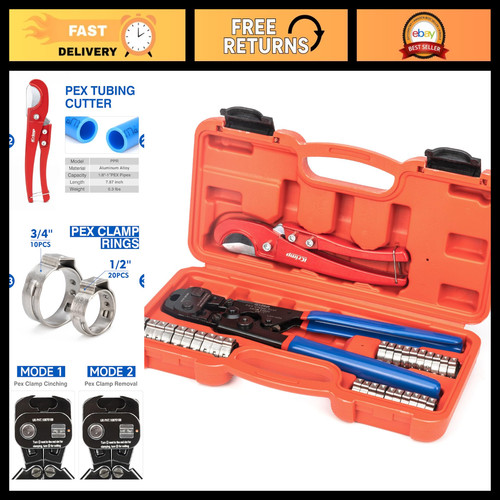 PEX Crimping Tool Kit for 3/8"-1" PEX, Clamp Cinch & Removal, Tubing Cutter, Rin