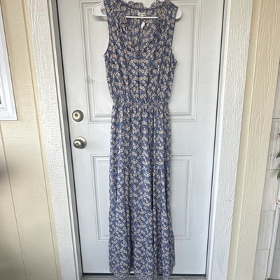 NWOT Max Studio Blue Floral V-Neck Ruffle Woven Maxi Dress Women s M