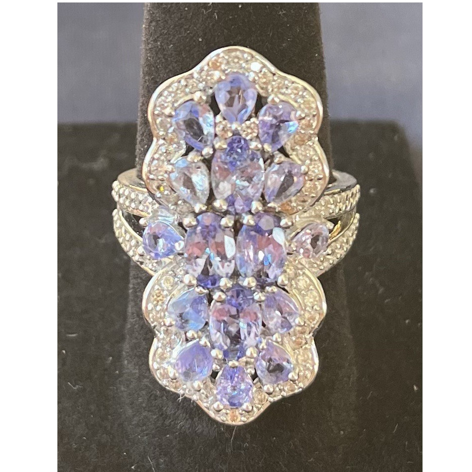 925 Sterling Silver Flower Ring Prong Set Purple Blue Oval Pear Stones Size 6