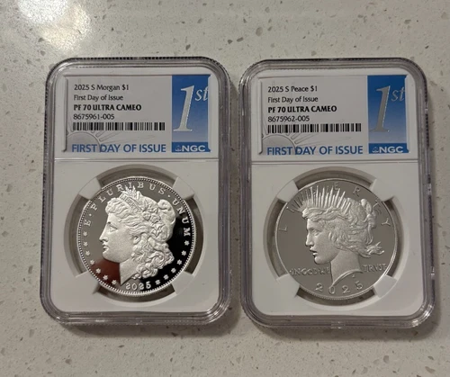 2-Coin Set 2025 Proof Morgan and Peace Silver Dollars NGC PF70UC FDOI 1st Label