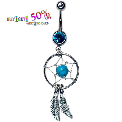 14G DREAMCATCHER BLUE STONE BELLY NAVEL RING CZ Jewelry Barbell Piercing 9052 2