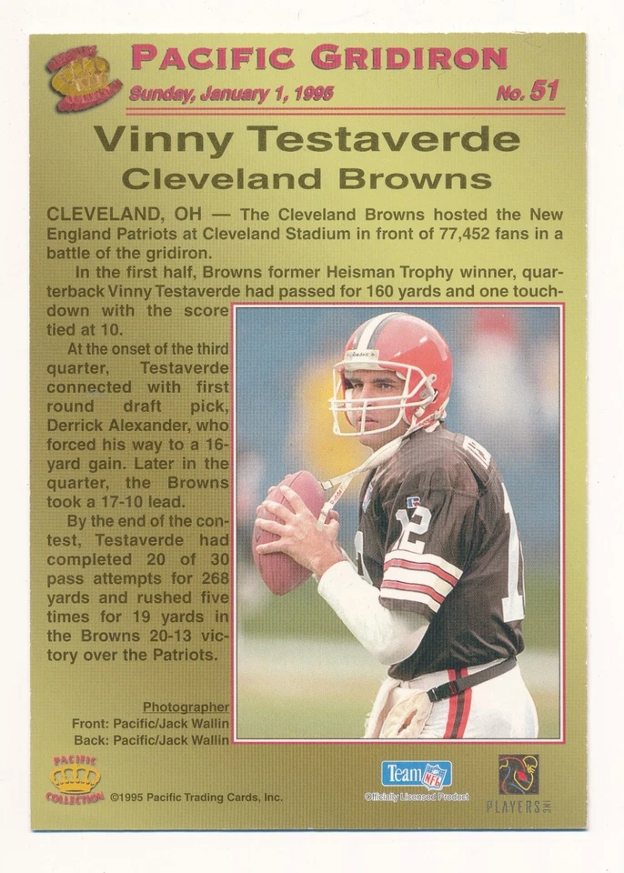 VINNY TESTAVERDE 1995 PACIFIC GRIDIRON RED JUMBO #51 *CLEVELAND BROWNS* - Image 2 of 2