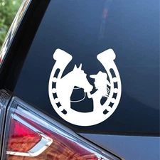 Girl with Horse / Horseshoe White Vinyl Decal Car Truck Windows laptop Camper RV