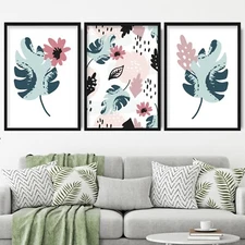 Set of 3 Abstract Spring Floral Blue Pink Art PRINT Falling Flowers Leaves
