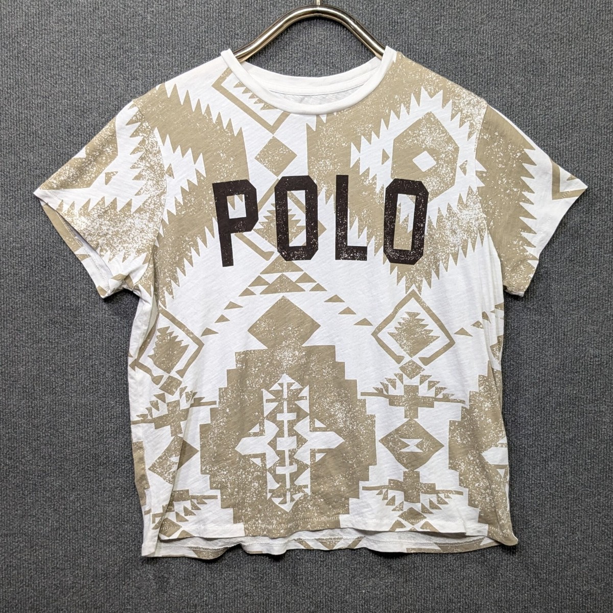 Polo Ralph Lauren Aztec T-Shirt Womens XL Crew Neck Logo Spell Out Cotton  Tan