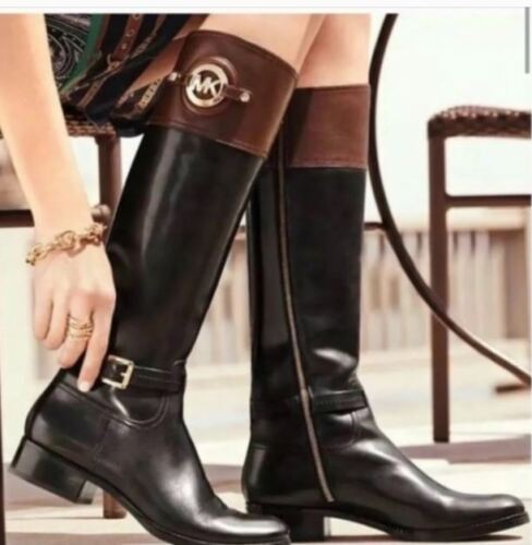 Michael Kors Stockard Black Mocha Brown Equestrian Leather Two-Tone Boots 5  | eBay