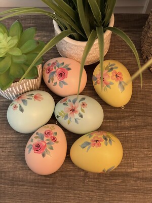 Lot Of 6 PIER 1 Ceramic Floral Pastel Colored Easter Egg Ornaments