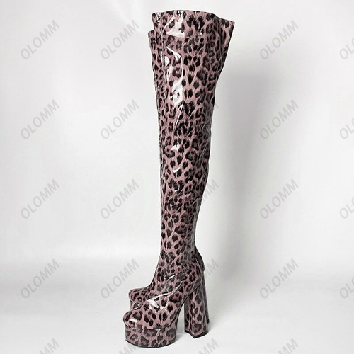 Women Platform Thigh High Boots Chunky Heel Round Toe Violet Party Shoes US 5-15 - Picture 16 of 43
