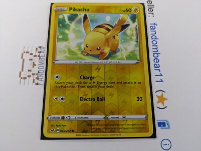 Pikachu 065/202 Sword & Shield Base Set REVERSE HOLO card 2020