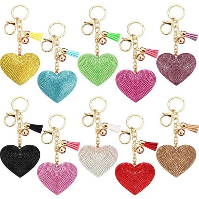 Bling Rhinestone Heart Shape Keychains Glitter Crystal Heart Tassel Keychains