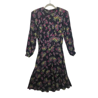 Alcott & Andrews Vintage 100% Silk Floral Jacquard Midi Dress Blue Pink Size 8