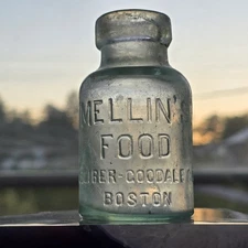 Antique Mellin's Food Free Sample Cork Top Glass Embossed Advertising Bottle Jar