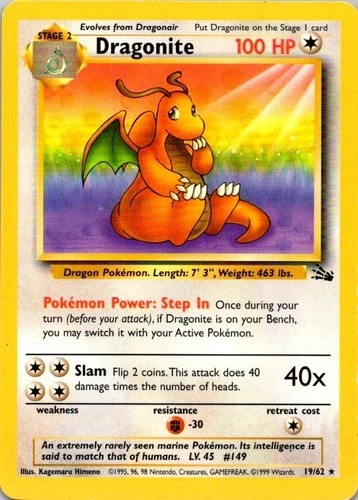 Dragonite Pokémon TCG Non-Holo Fossil Set 19/62 Unlimited LP/MP (SKU 1-5)