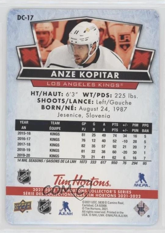 2021 Upper Deck Tim Hortons Collector's Series Red Die-Cuts Anze Kopitar #DC-17 - Image 2 of 2