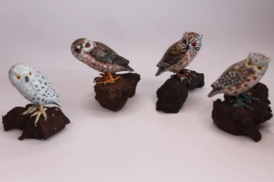 Lot 4 Figurines Chouette Hibou Harfang Miniatures Peintes Main Vintage Déco - Photo 1/4