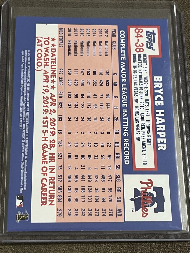 2019 Topps Update Series - 1984 Topps Baseball Bryce Harper #84-38 - Image 2 of 4