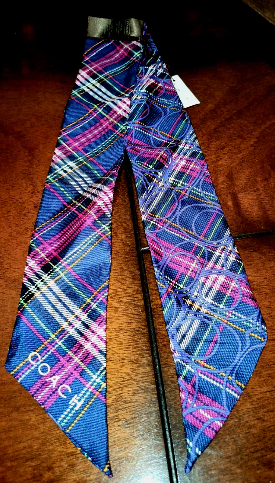 NWT COACH *RARE* SIGNATURE TARTAN PLAID SILK PONY SCARF MULTI COLOR NAVY BLUE image 9