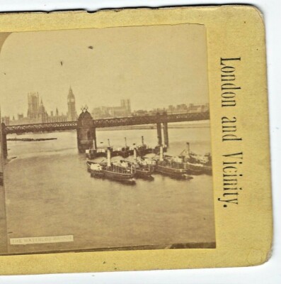 Steamboats on Thames, Waterloo Bridge, London, England, Circa 1880 Stereoview