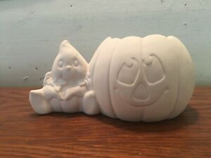 Halloween Ghost Holding Pumpkin *Ceramic Bisque Ready to Paint