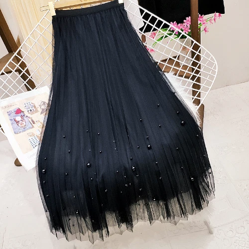 Beading Princess Tulle Skirt Korean High Waist Elegant Summer Mesh Pleated Skirt - Bild 7 von 19