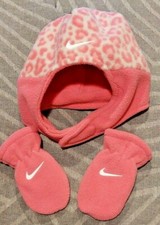 New Infant Girls Nike Hat and Mitten Set Pink Animal Print -2911