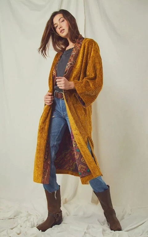 Nuevo Abrigo Free People Delphine Pana Texturizada Dorada XS Pequeño Maxi Plumero Kimono