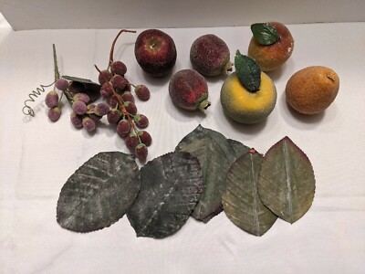 Sugared Beaded Faux Fruit Decorative Apples Pear Pomegranates 9 Pcs +  Lg Leaves