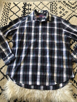 Robert Graham Blue Purple Floral Plaid Flip Cuff Long Sleeve Shirt large R