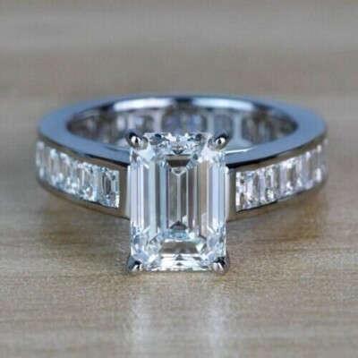 3 Ct Emerald Simulated Diamond Solitaire Engagement Ring 14K White Gold Plated