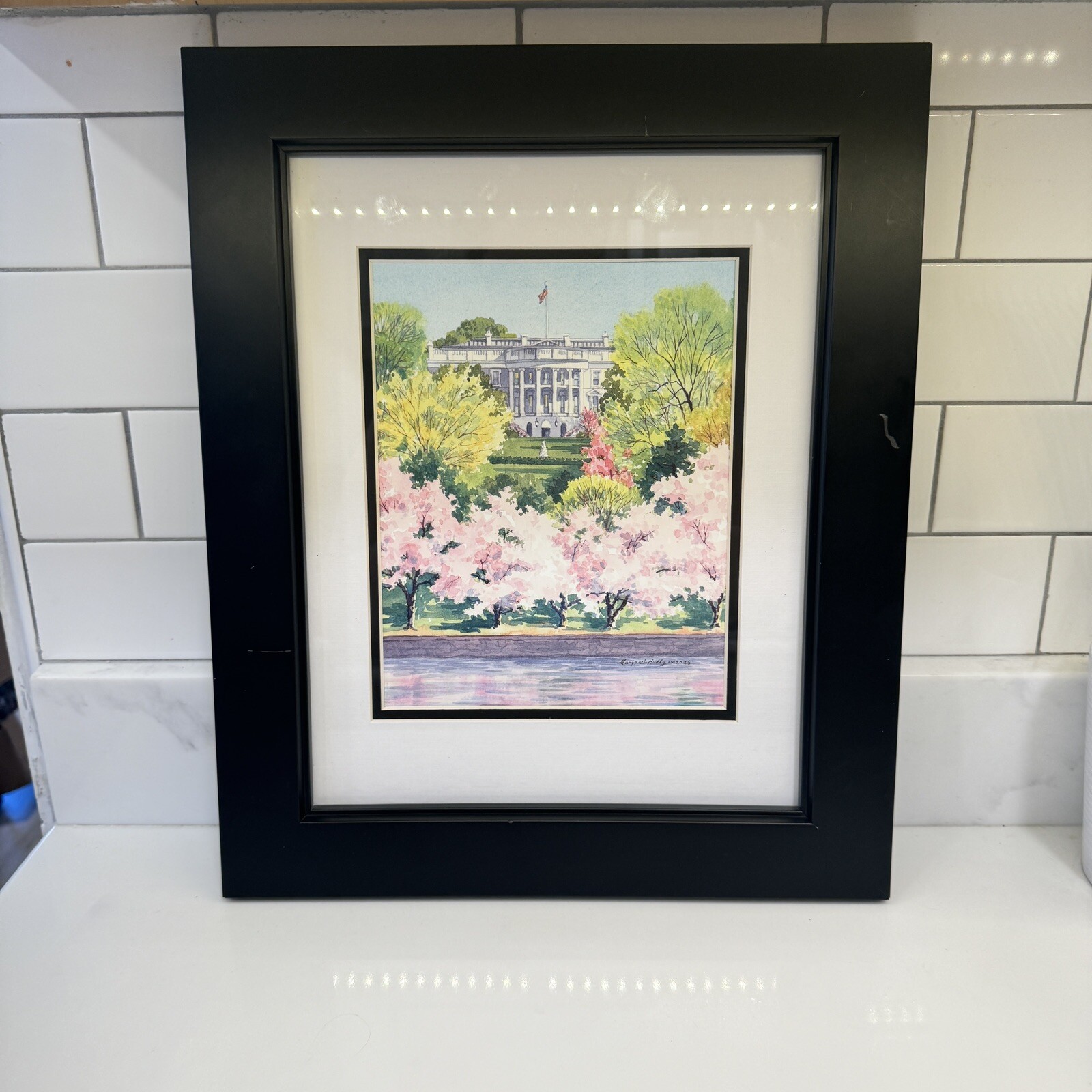 MARGARET HUDDY Cherry Blossoms White House Signed Matted Framed Print